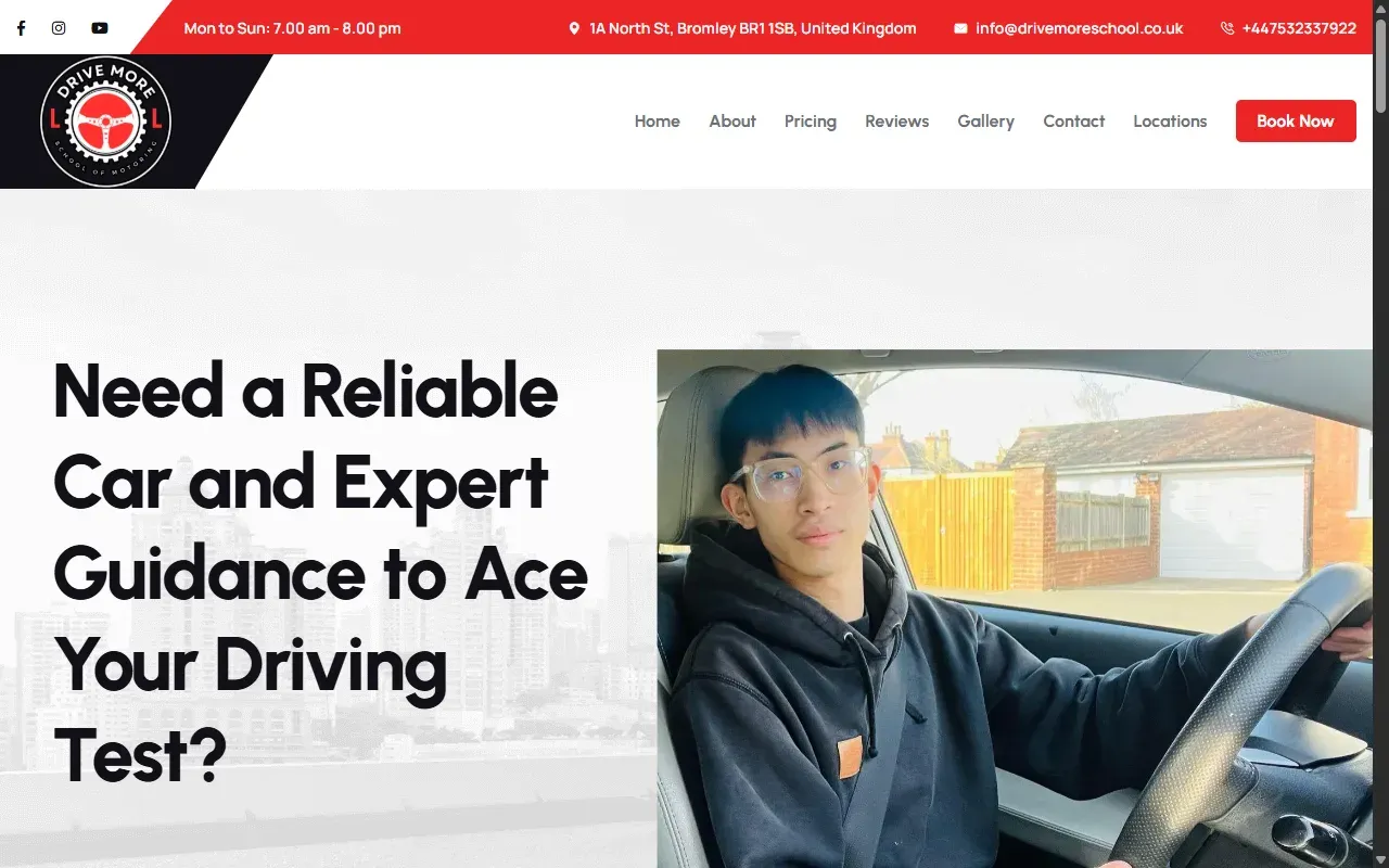 The Drive More School home page, showing lesson information and a booking call to action.