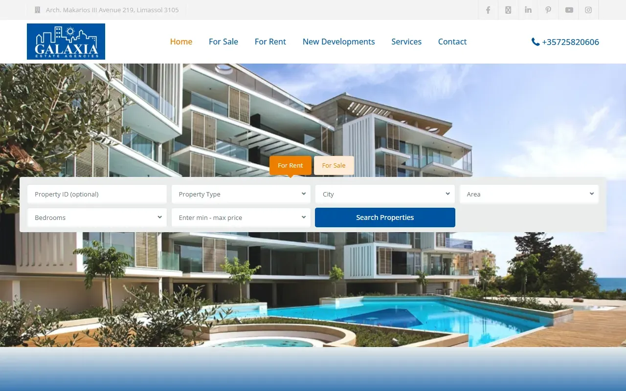 The Galaxia Estates home page, with its property search.